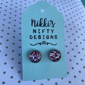 Pink and teal cheetah hypoallergenic glass stud earrings